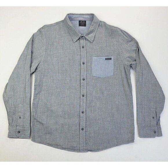 Oakley Size Medium Mens Gray Long Sleeve Stripe Pocket Logo Tag Cotton Shirt - Picture 1 of 10
